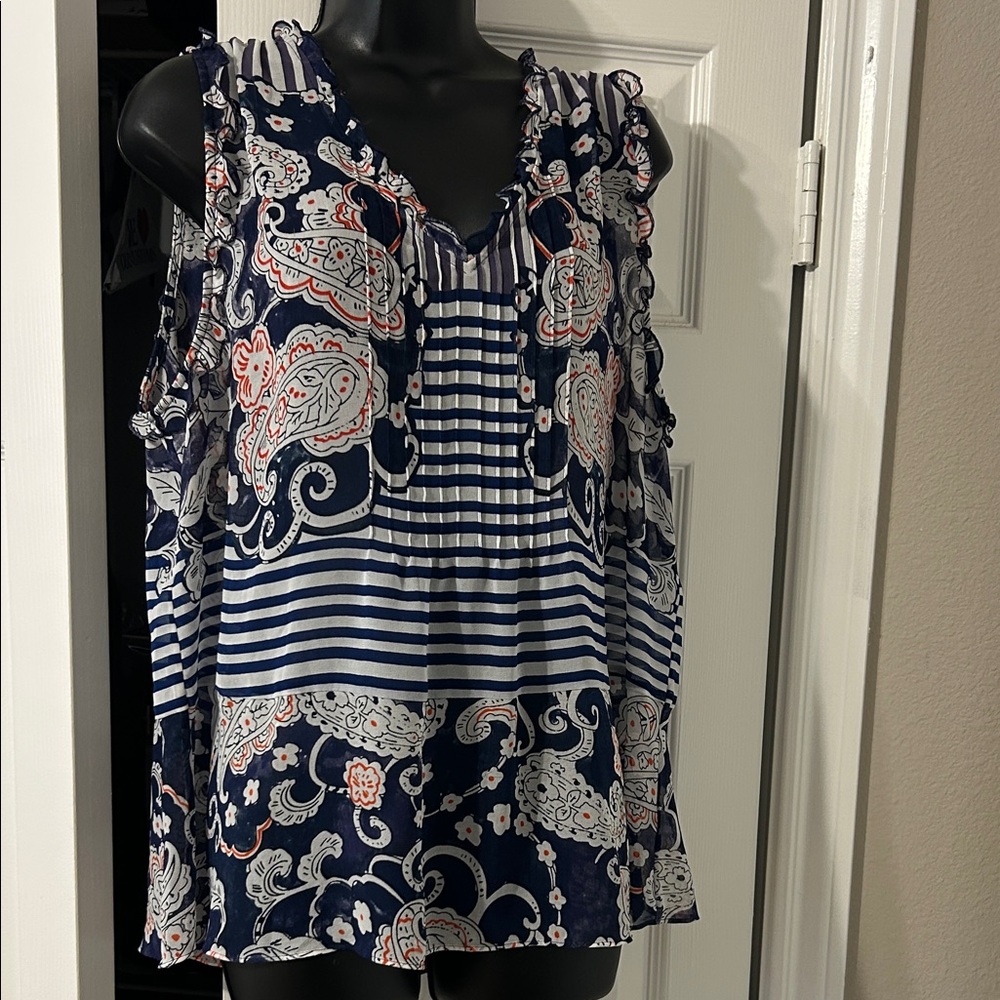 CAbi Navy and White Paisley Stripe Blouse